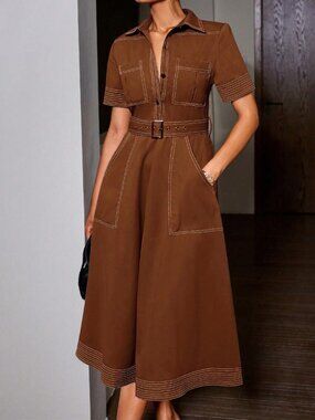 36- NEW Vintage  Inspired Brown Midi‎ Shirt Dress | Collared Button Front Belted